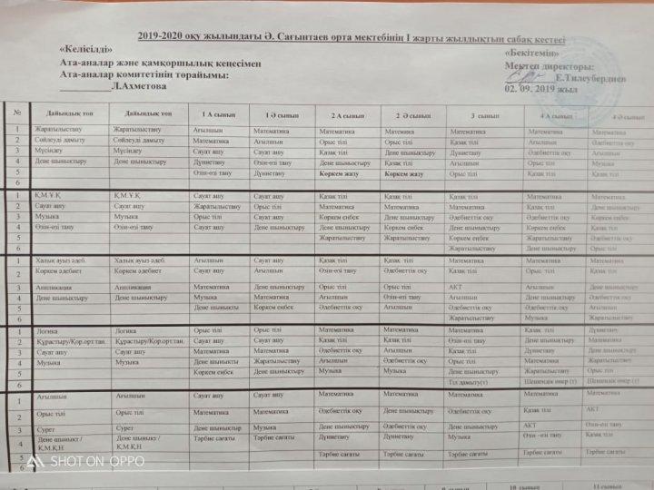 Әбдір  Сағынтаев  атындағы  орта  мектебінің  2019-2020  оқу  жылындағы  сабақ  кестесі