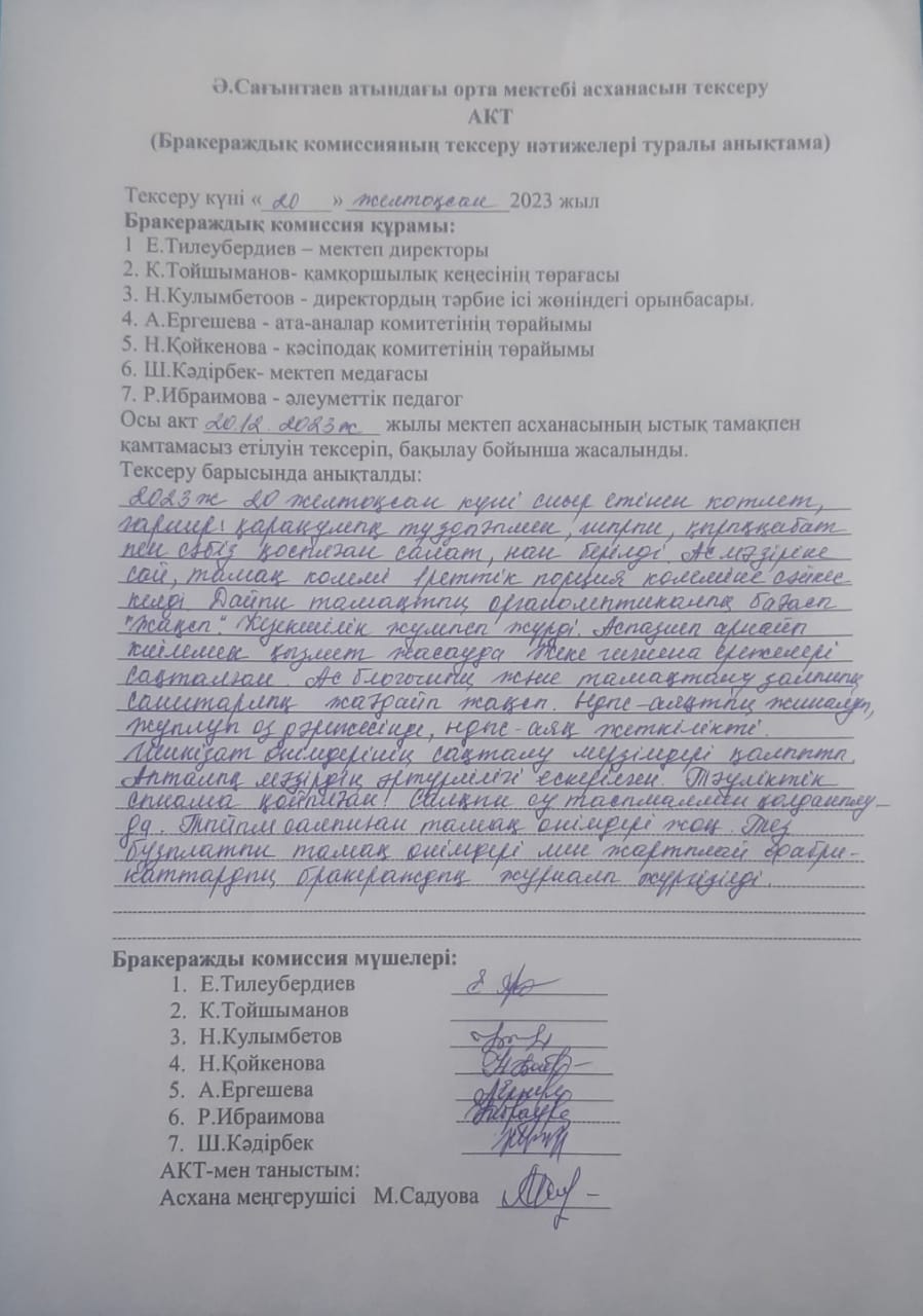 Бракераждық комиссияның тексеру нәтижелері туралы анықтама